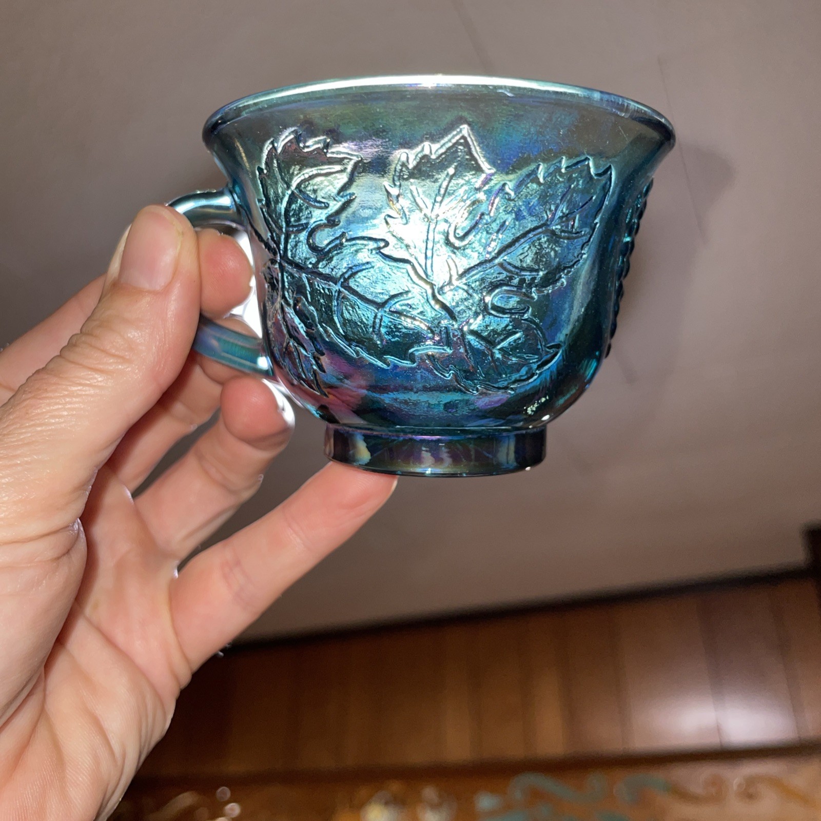 2 – Vintage Iridescent Blue Indiana Carnival Glass Grape Harvest Punch Cups