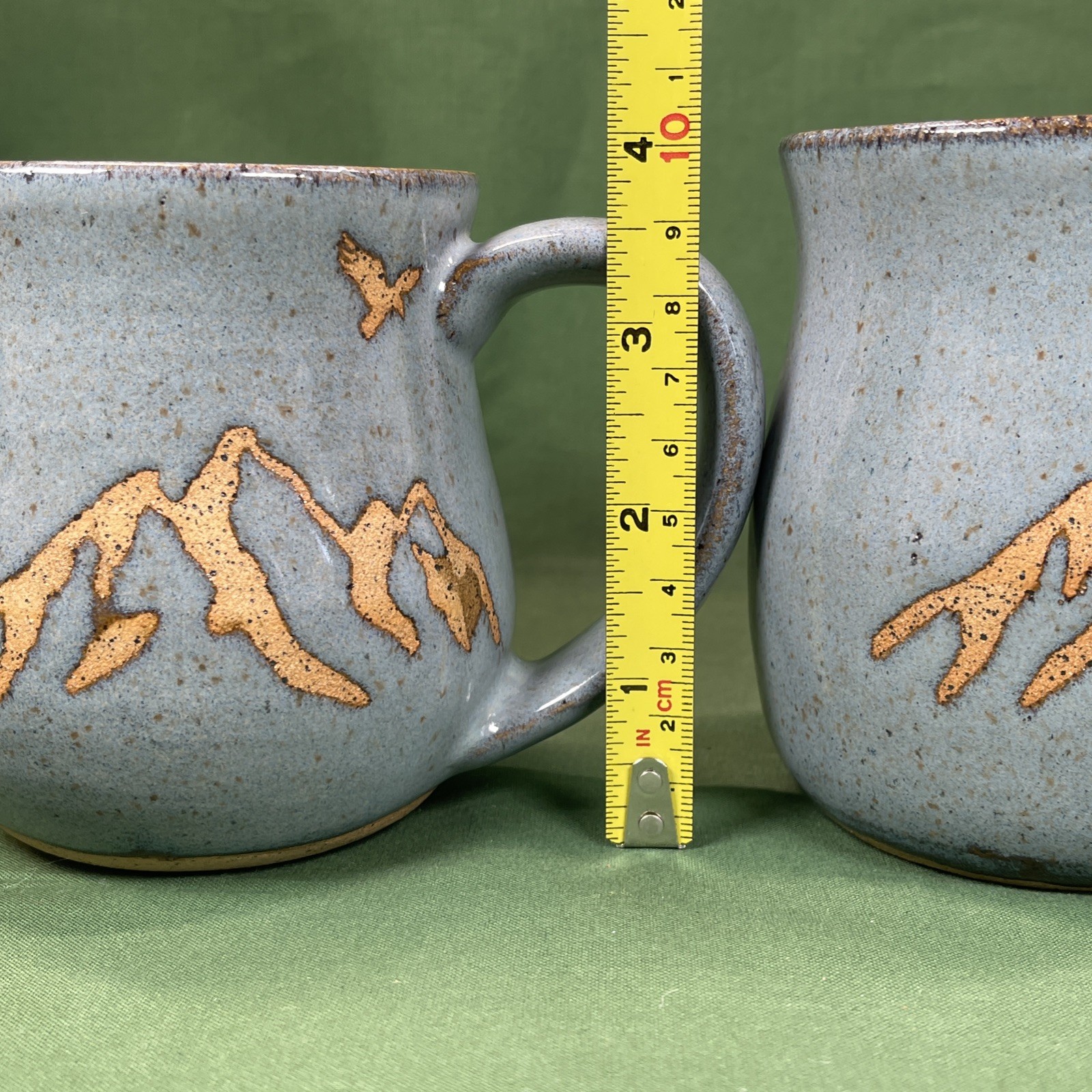 2 Studio Art Pottery Blue Grey & Tan Mugs Stoneware Mountains Eagle Design