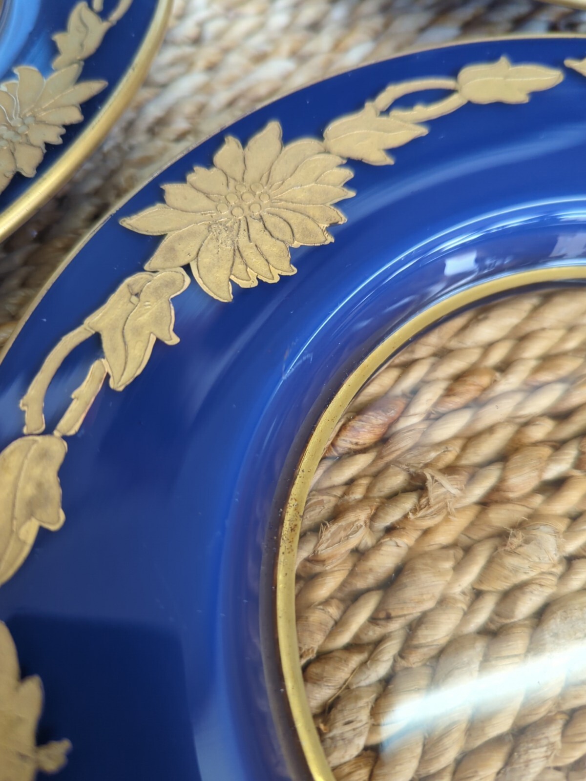 Antique Bohemian Gold Gilt Enameled Colbalt Cased Glass Plates Set 5 Hand Paint