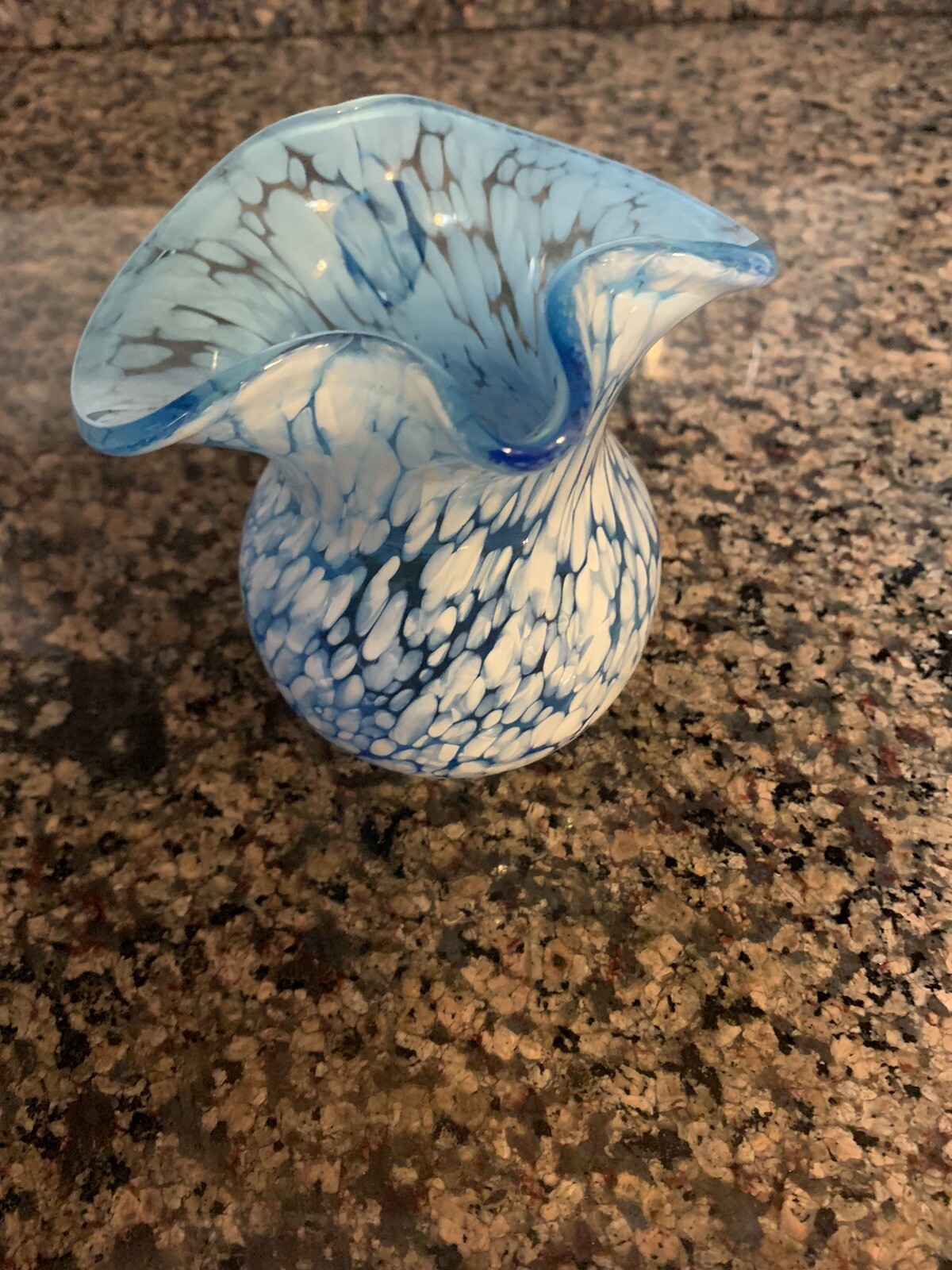 Old Small HAND BLOWN White SPLATTER Blue Art Glass PINCHED SIDES VASE/CRAFE