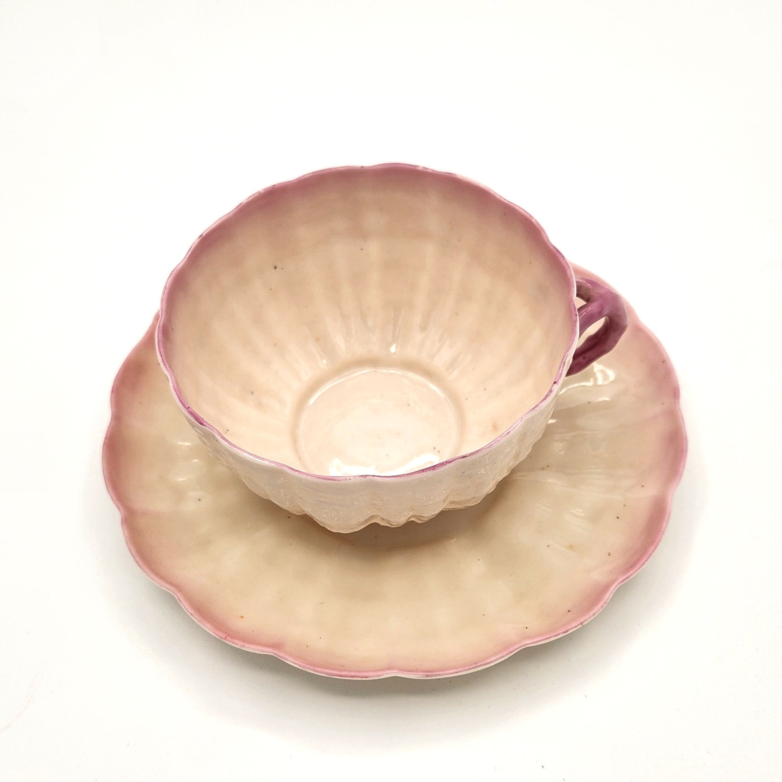 Rare Antique Belleek Tridacna Pink Cup & Saucer 1st Black Mark Shell EUC C.1880