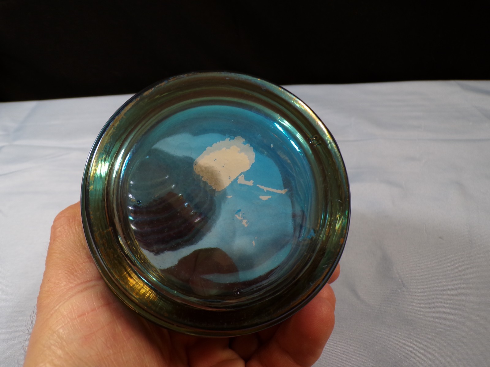 Jeannette Glass Bluish l Iridescent Beehive Covered Honey Pot INV2