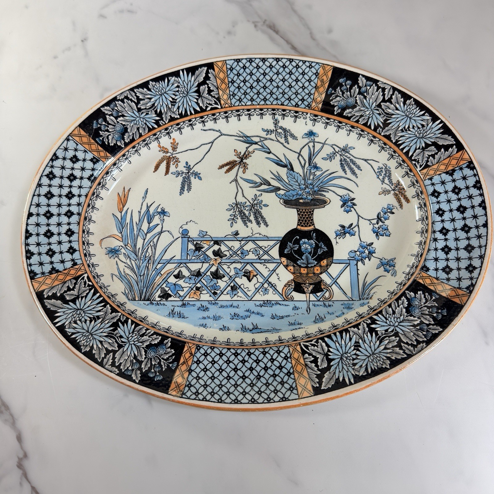 Antique Copeland Spode Transferware KEW Oval Platter 15″ Aesthetic Movement Blue