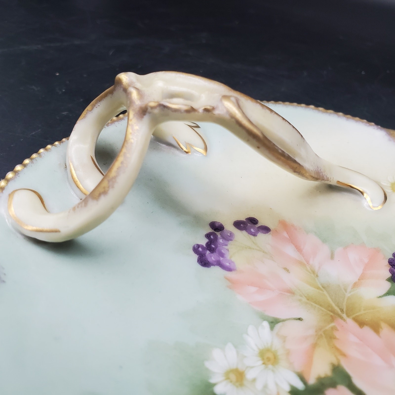 RS Prussia Style Handled Bon Bon Dish Floral Moriage Gold Gilt Handle