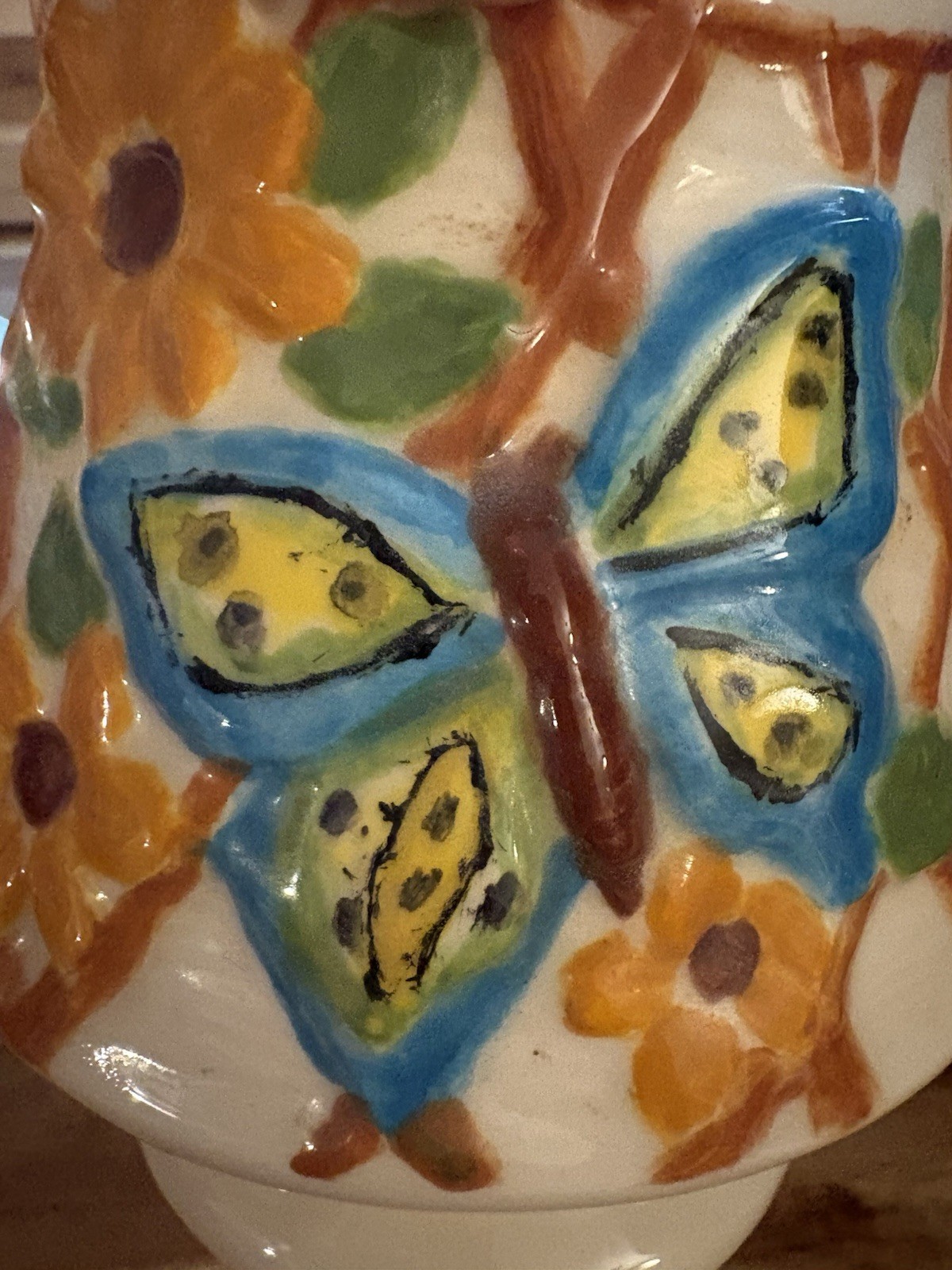 Ceramic Floral Butterfly Creamer Pitcher w/ Matching Saucer Glossy Handle 6″