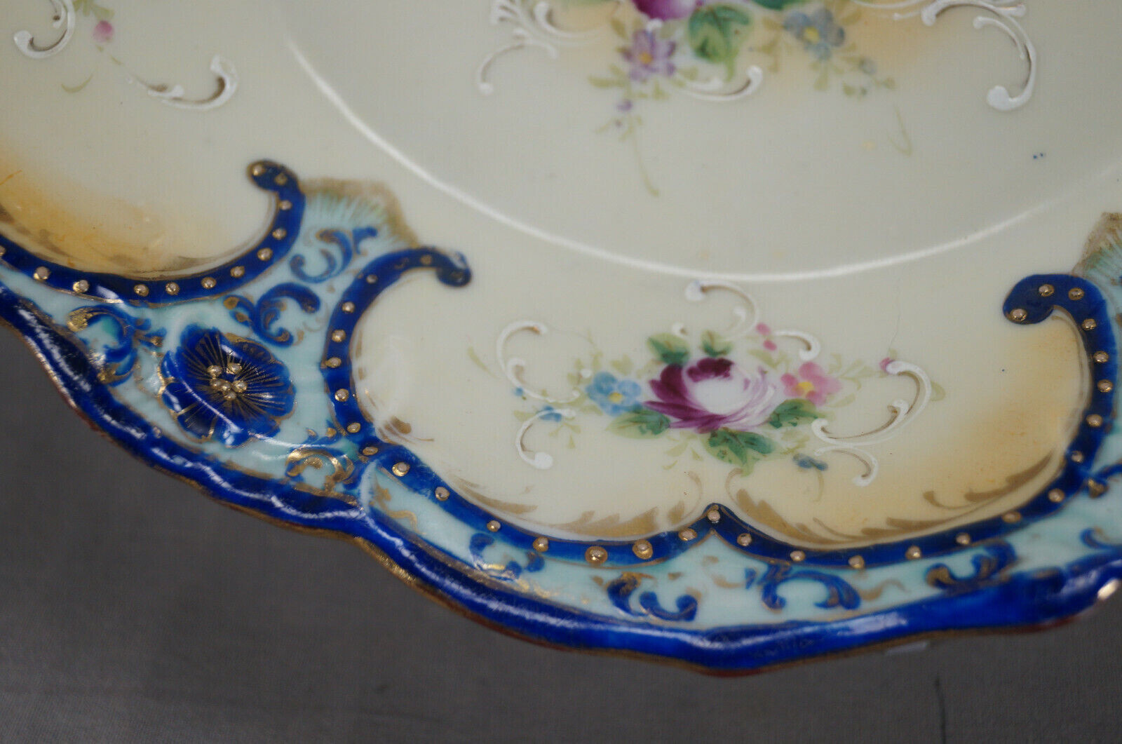 Nippon Hand Painted Floral Cobalt Blue Yellow & Gold Beaded & Scrollwork Bowl