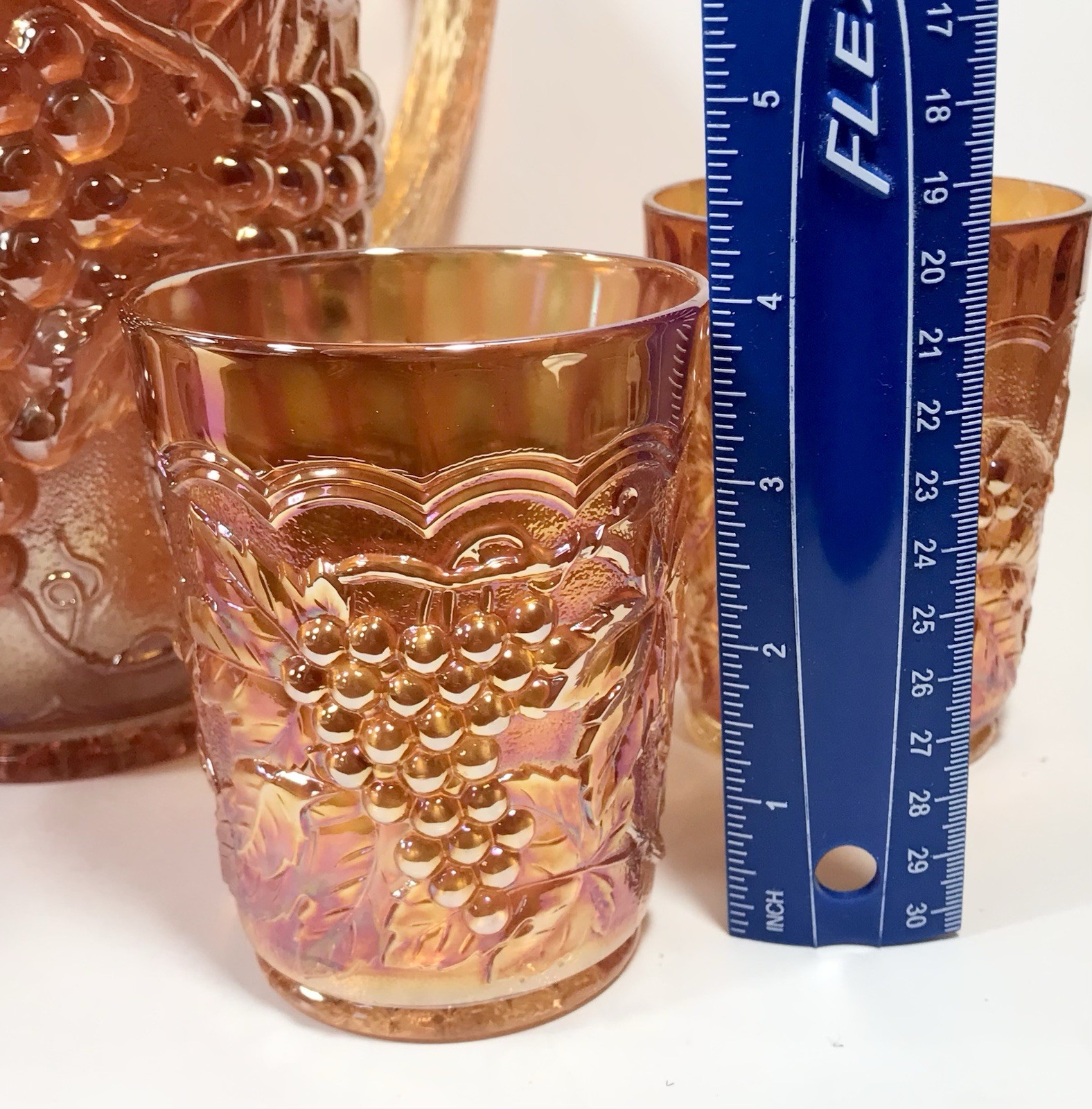 Imperial Carnival Glass Grape Pitcher And 4 Tumblers Set Marigold Orange Vintage