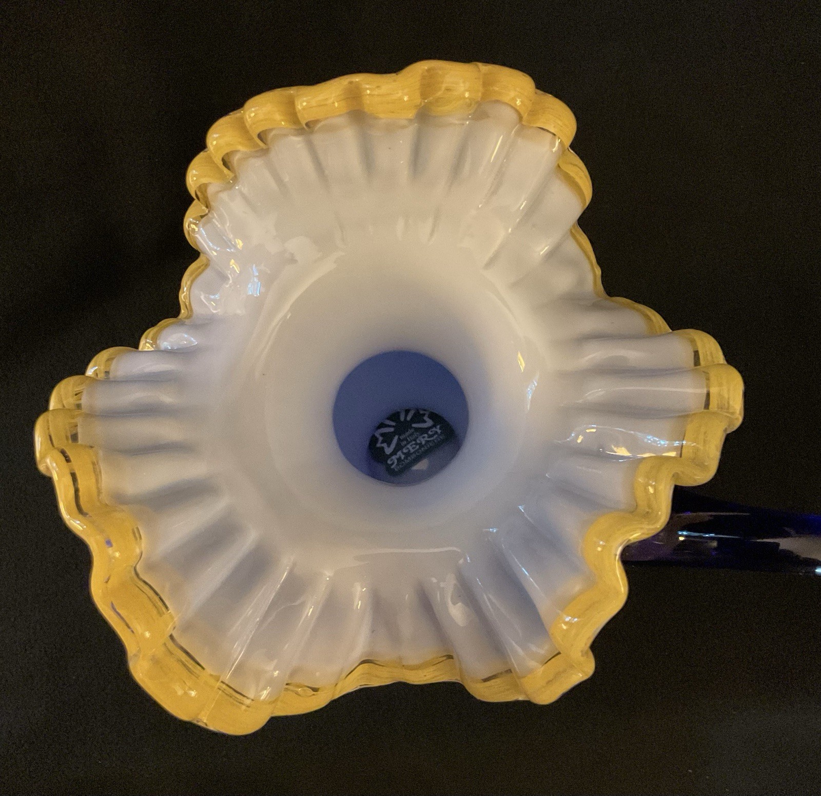 2 MCM Arte Murano Kristall Mery Cobalt Blue Pitcher W/Yellow Ruffled Rim 8.5