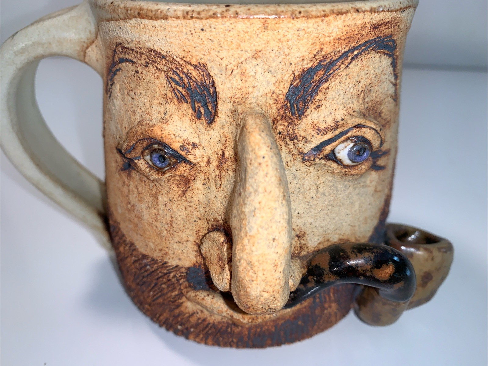 Signed Art Pottery Stoneware Man Beard Pipe Ugly Funny Mug Face 1986 Folk Art
