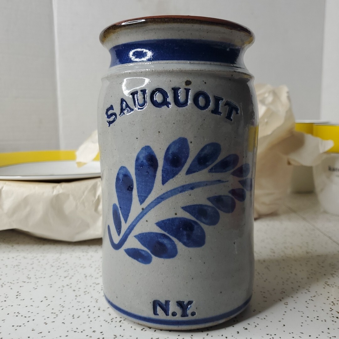 Westerwald style Salt Glazed Stoneware Pottery Crock Sauquoit NY Gray Blue Tan
