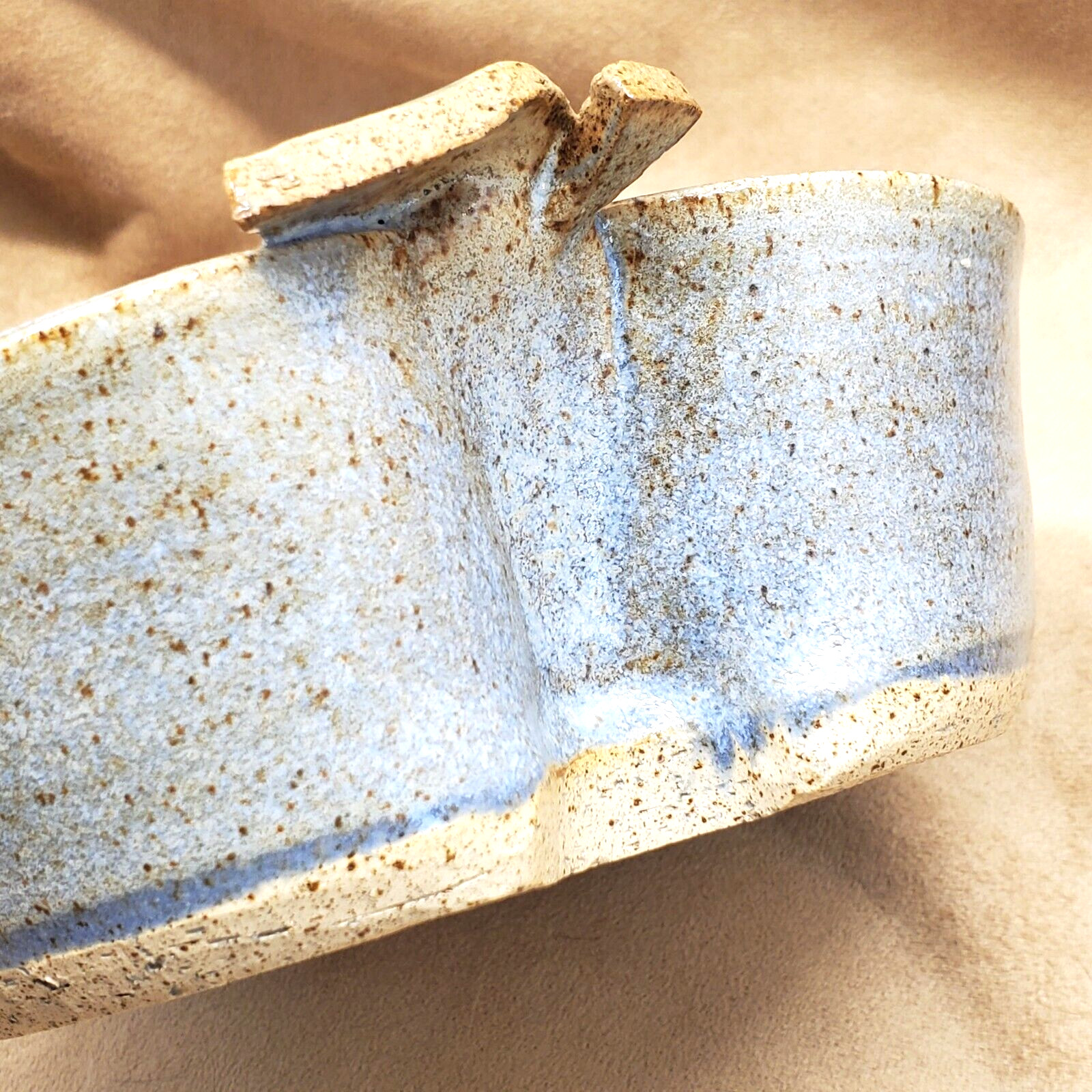 Stoneware Apple Dish 7 in Wide Signed Gray Blue Tan Speckled 1 lb, 2 oz
