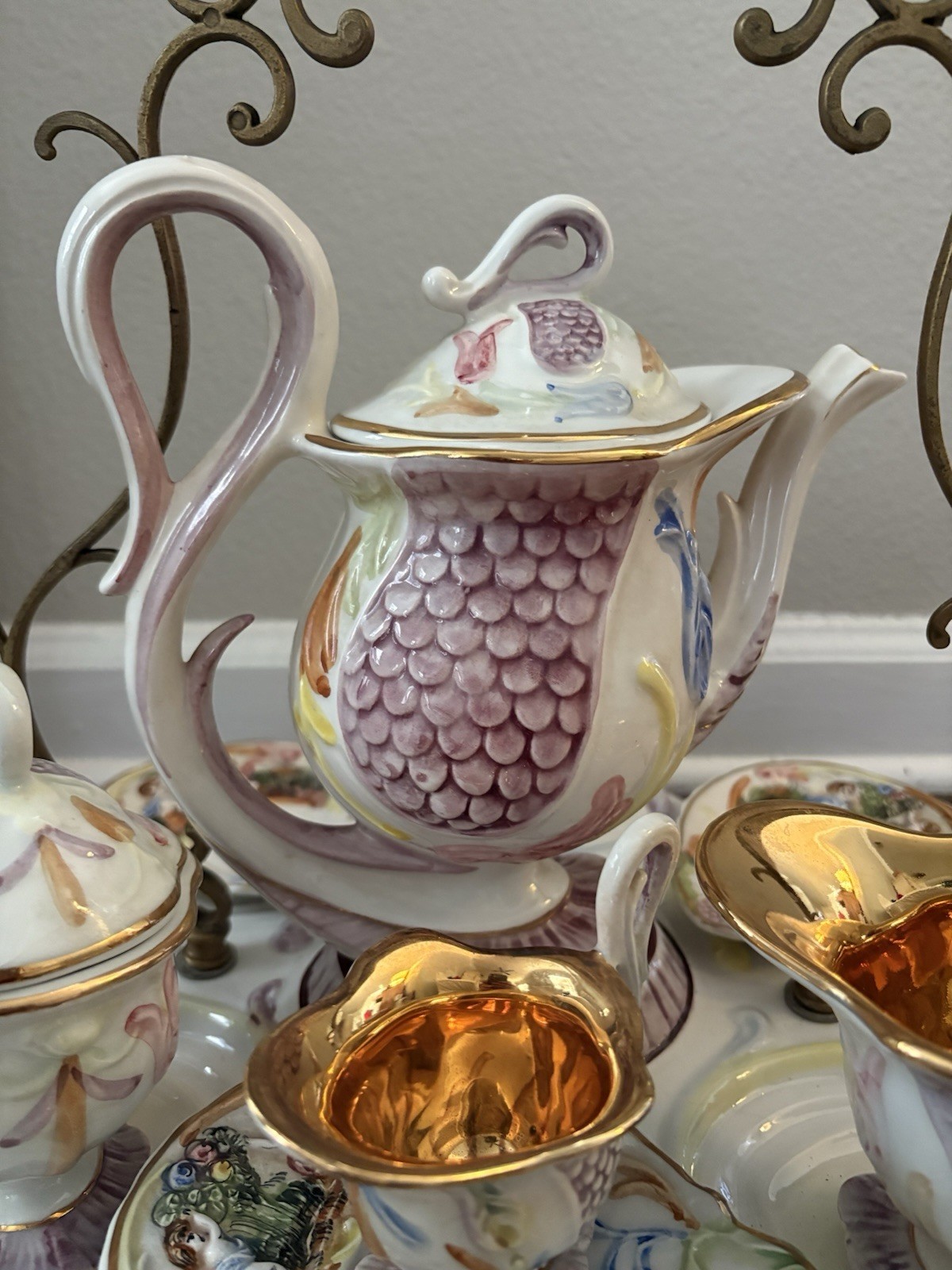 Vintage capodimonte 14 Piece Espresso Or Tea Serving Set On Stand Made In Italy