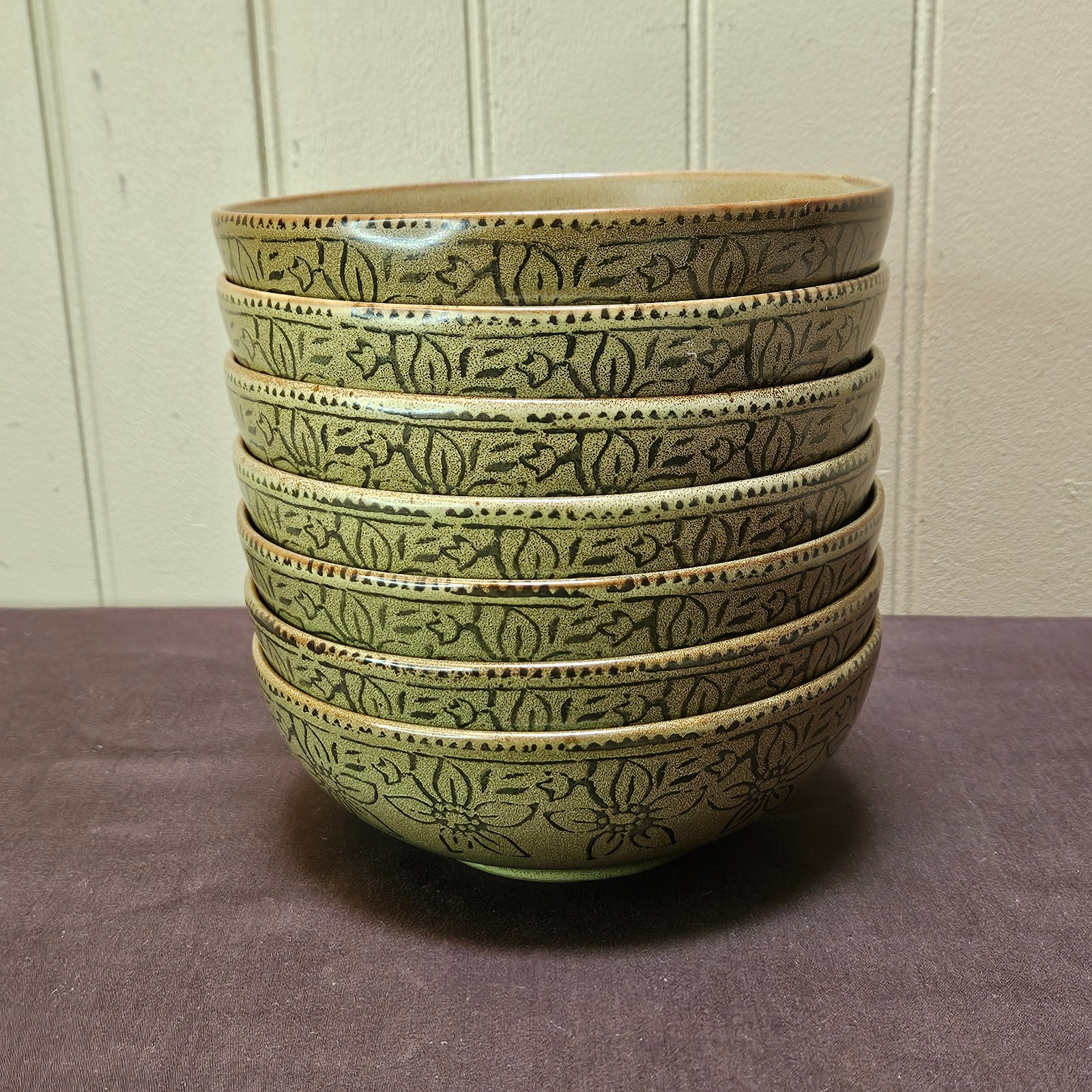 Pier 1 BATIK Olive Green Stoneware 6 ½” Cereal Soup Bowl Lot of 7 Bowls