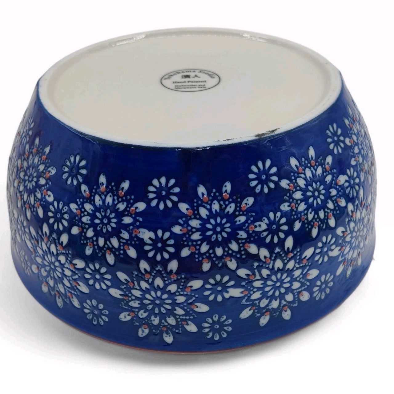 VTG Yokohama Studio Blue White Red Floral Hand Painted Ceramic Bowl w Lid