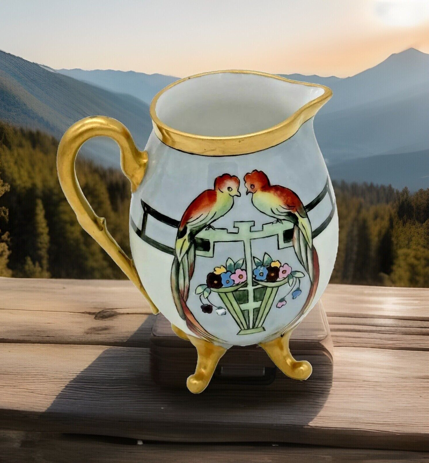 Vintage Bavarian Footed Floral Peacock Pitcher Creamer Gold Trim 4.25″ High