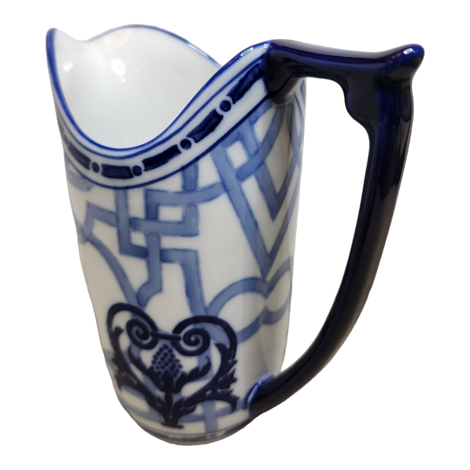 Windsor Bombay Creamer White Blue Bands Floral Scrolls Vintage Retired 10 ounces