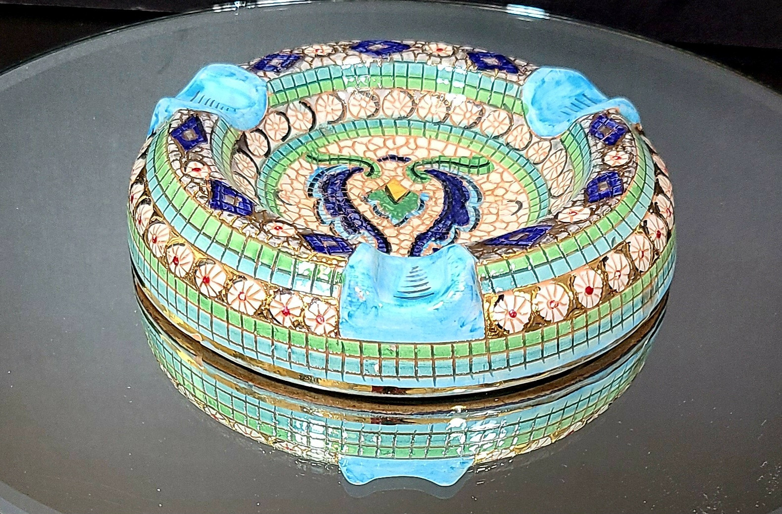VTG Taormina Ashtray Majolica Mosaic Style Green Blue Gold EUC Rare Find-Italy