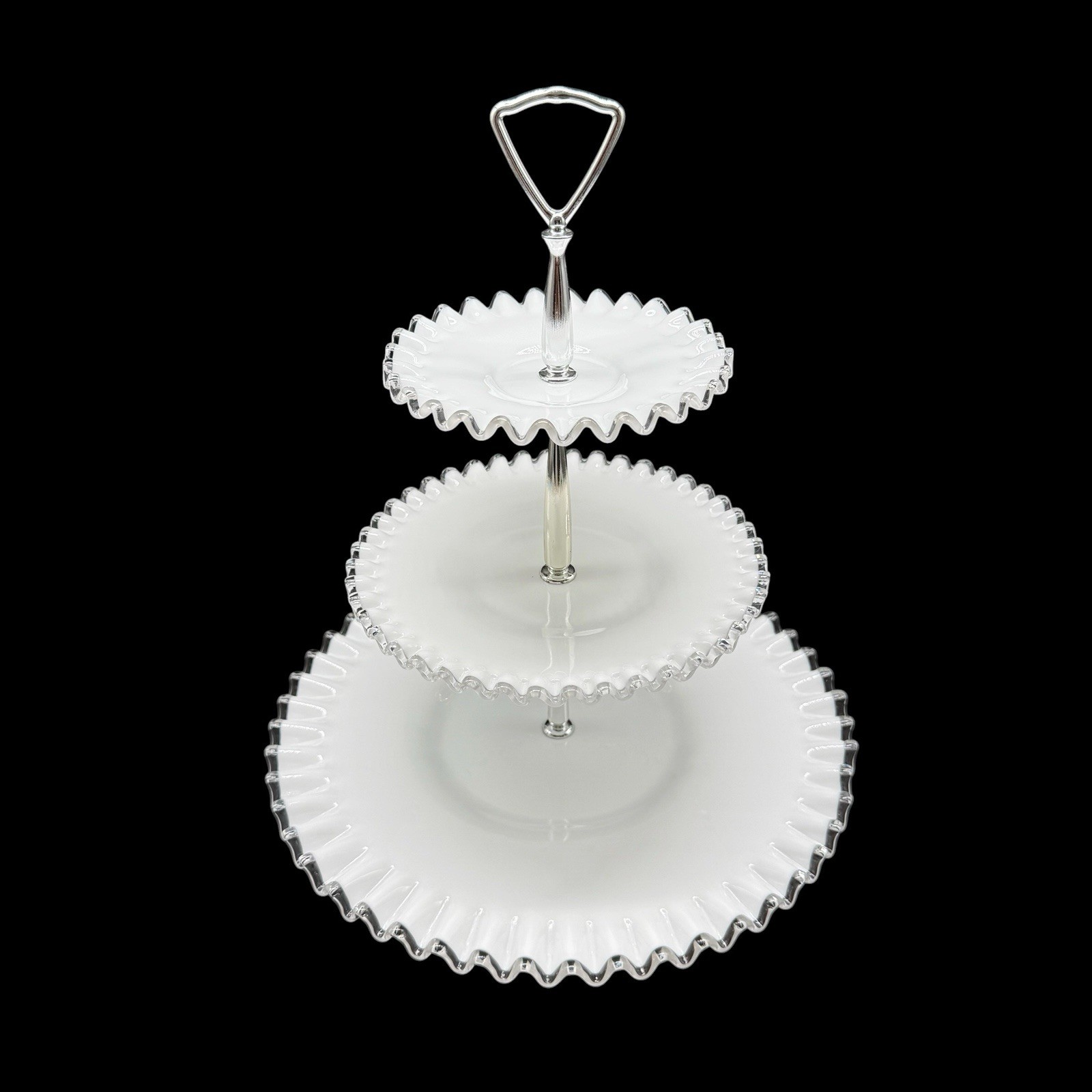 Fenton Silver Crest Three Tier Ruffled Milk Glass Tidbit Serving Tray Party Vtg
