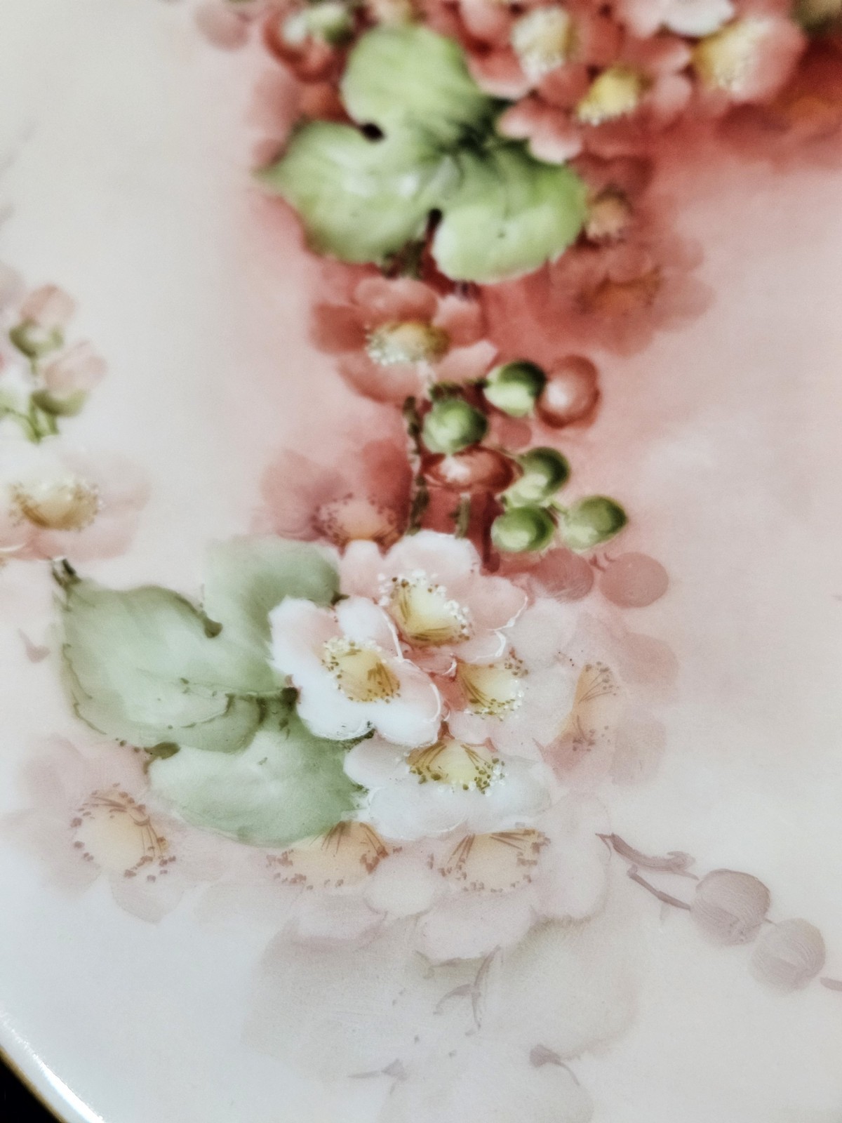 Antique White Pink Green Floral Plate Hand-painted Porcelain Cottagecore
