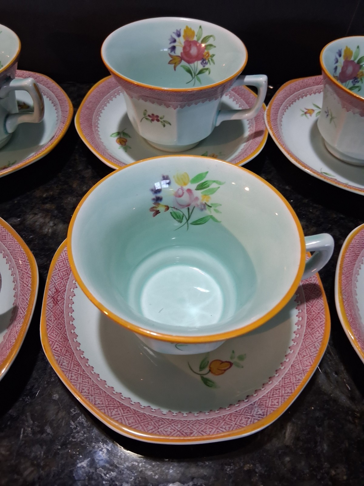 15pc Vntg Adams Calyx Ware Lowestoft Cup & Saucer Set Of 7 + 1 saucer, lt blue