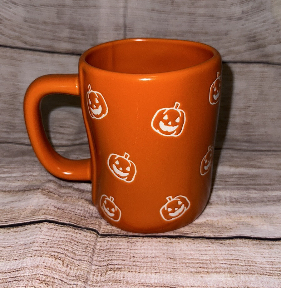 Rae Dunn Orange Halloween Trick Or Treat White Pumpkins Coffee Mug New Farm