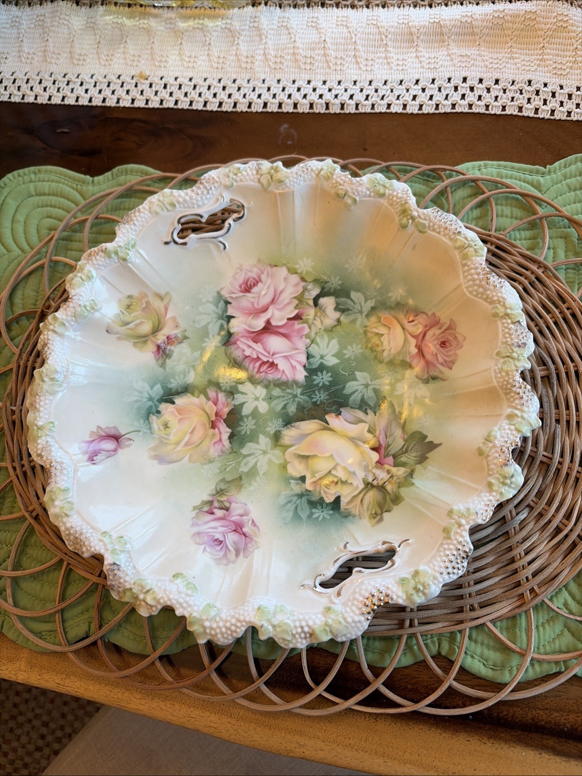 Antique Prussia Porcelain Cake Plate, Ring Mark,Pink And White Roses