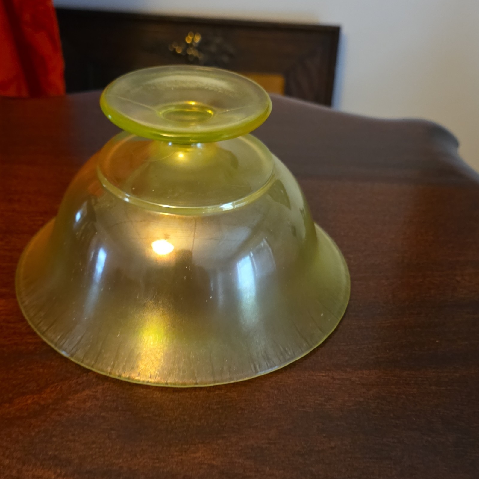 Unmarked Green Stretch Vaseline/Uranium-Style Glass Pedestal Bowl Round Compote