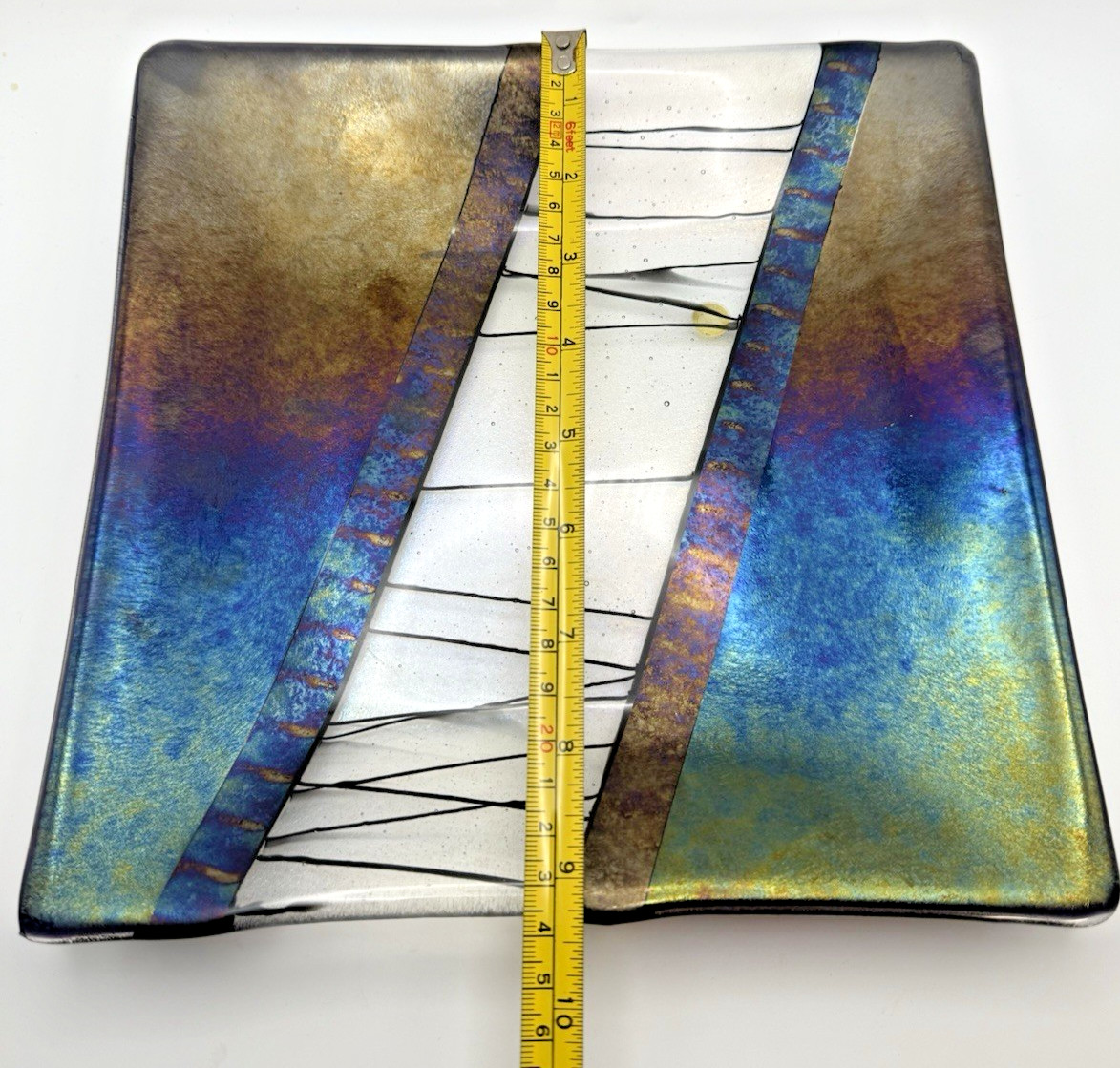 Chris Paulson Art Glass Square Tray Plate Signed Dichroic Fused Iridescent 9.25″