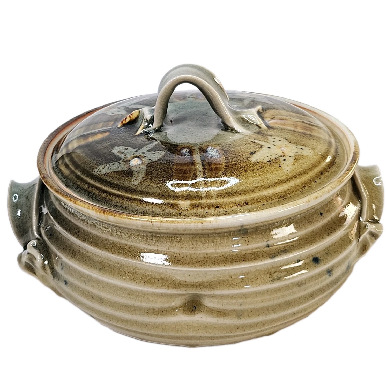 Studio Art Pottery Handmade Glossy Crackle Glaze Ceramic Lidded Casserole Dish