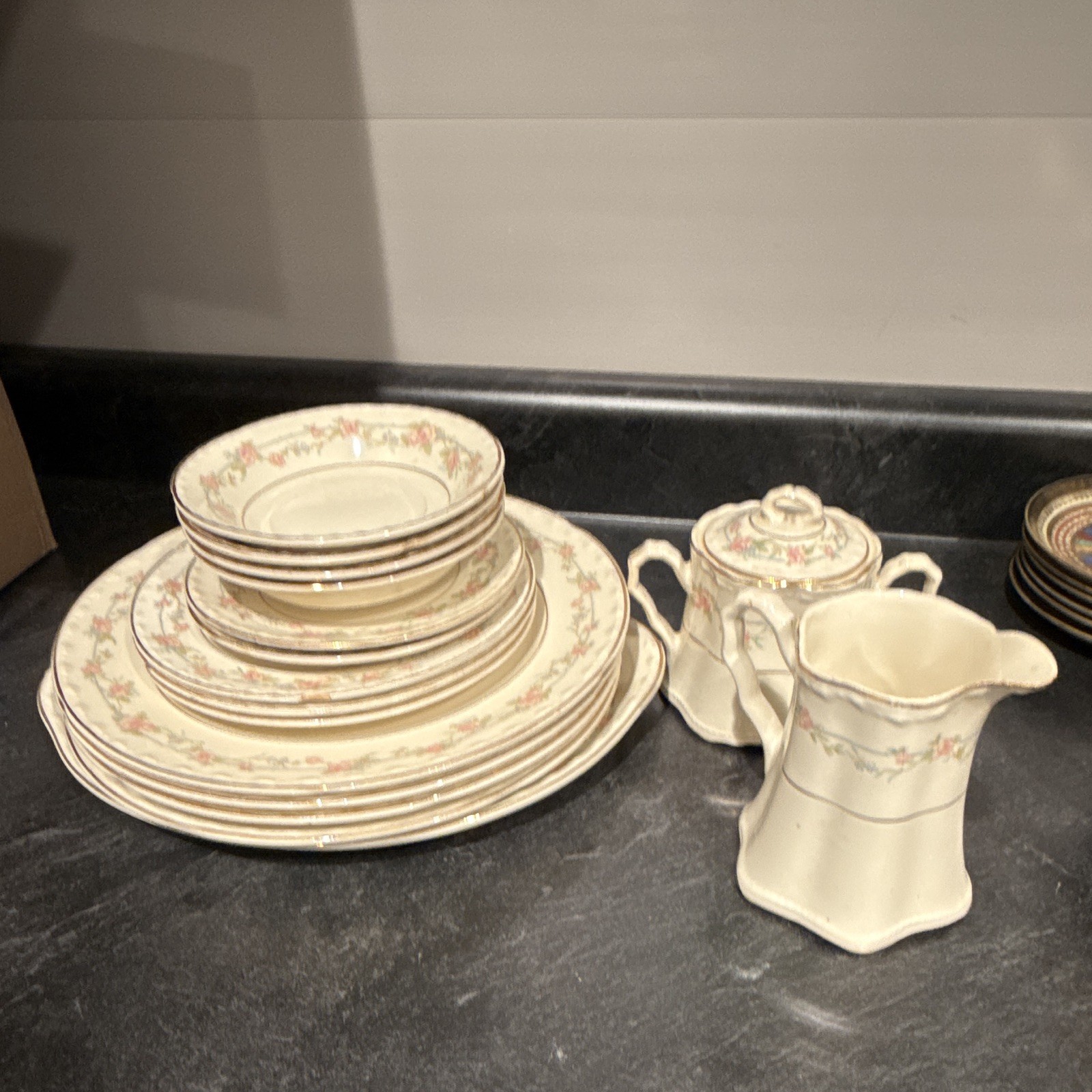 Crooksville China Co. H-P USA Floral White Pink Green Gold partial set