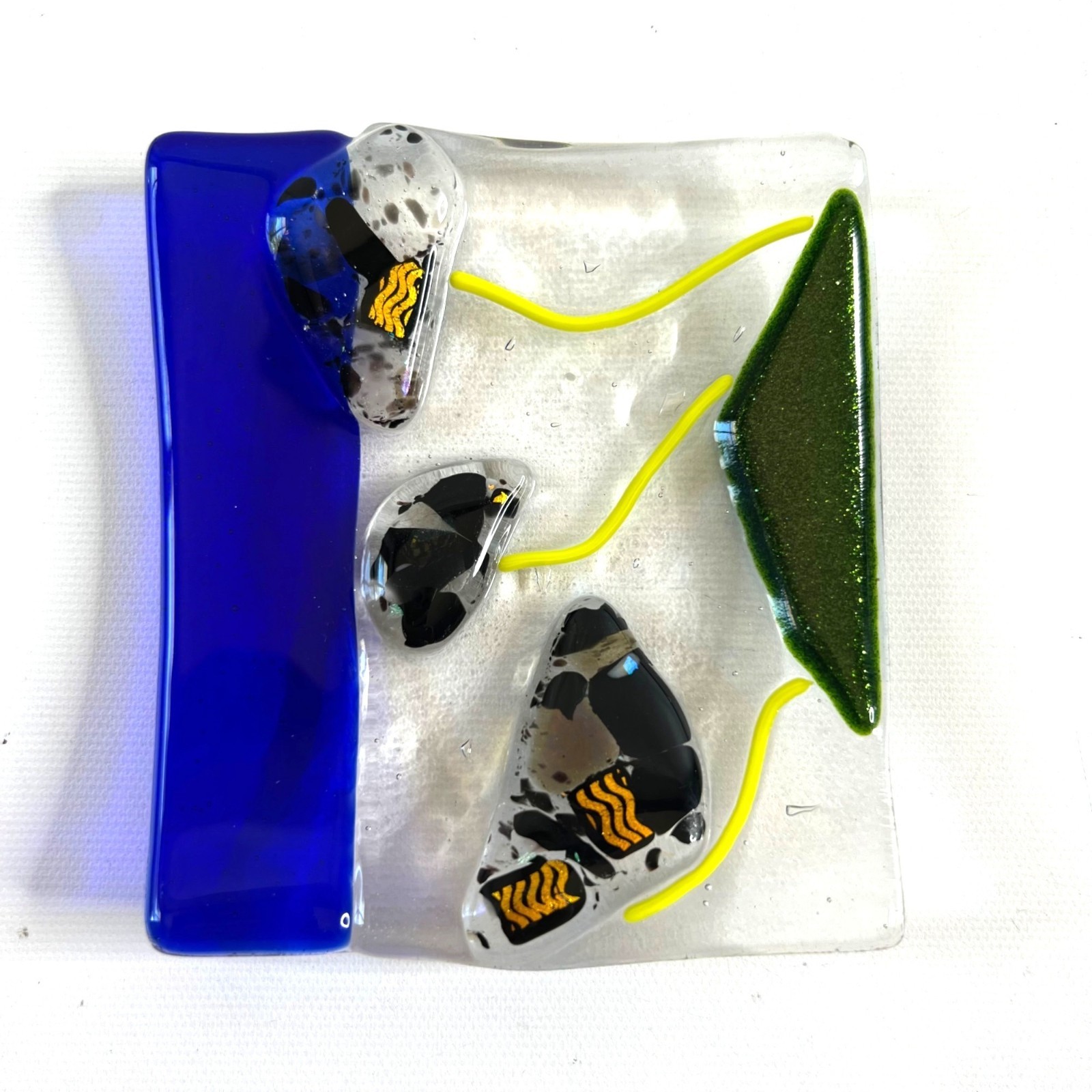 Small Fused Glass Trinket Jewelry Soap Dish Cobalt Black Yellow 4.5×4.5