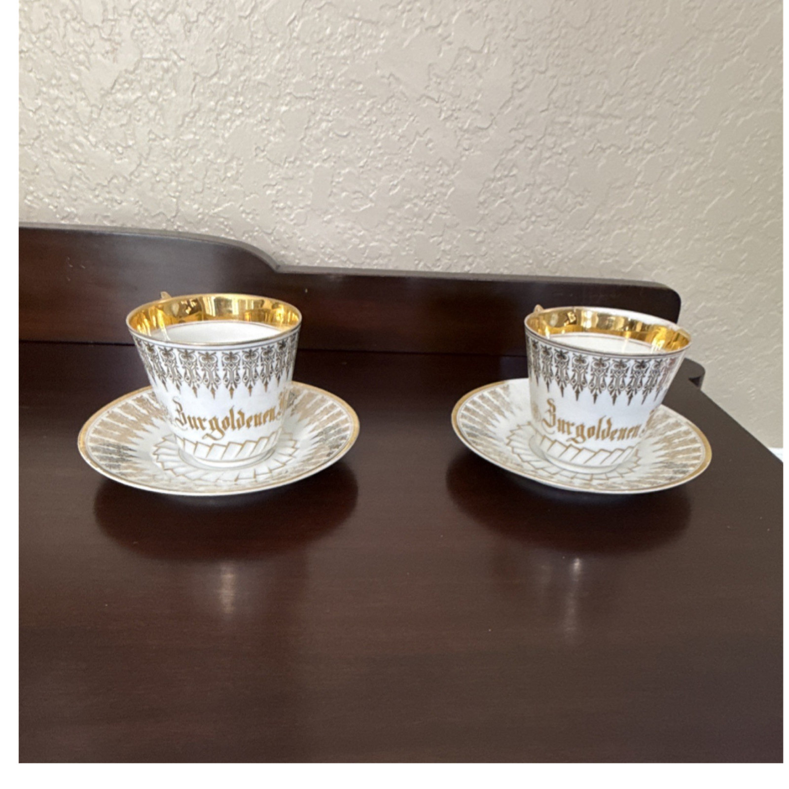 Gold and White Porcelain Cup & Saucer Set, Four-Piece Glossy Finish