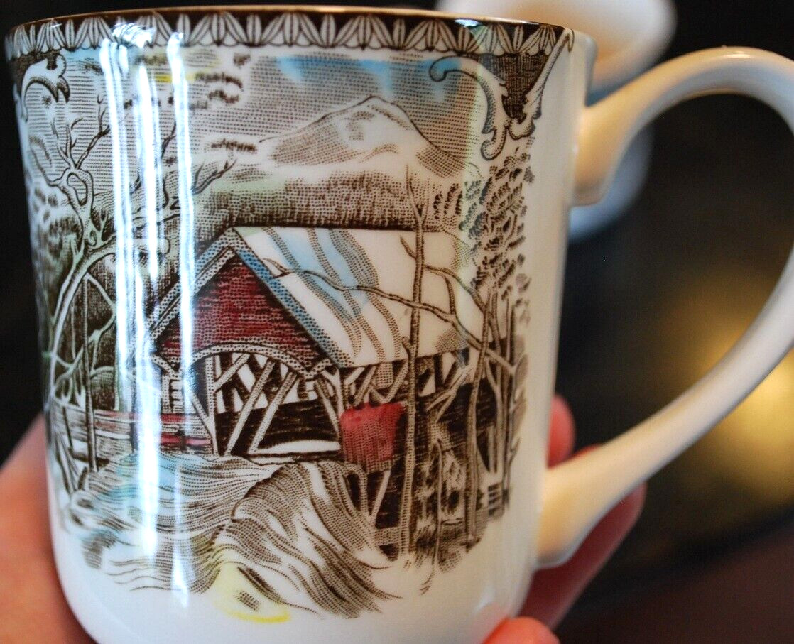 Set 2 Vintage MUGS Johnson Bros FRIENDLY VILLAGE ‘COVERED BRIDGE’ Transferware