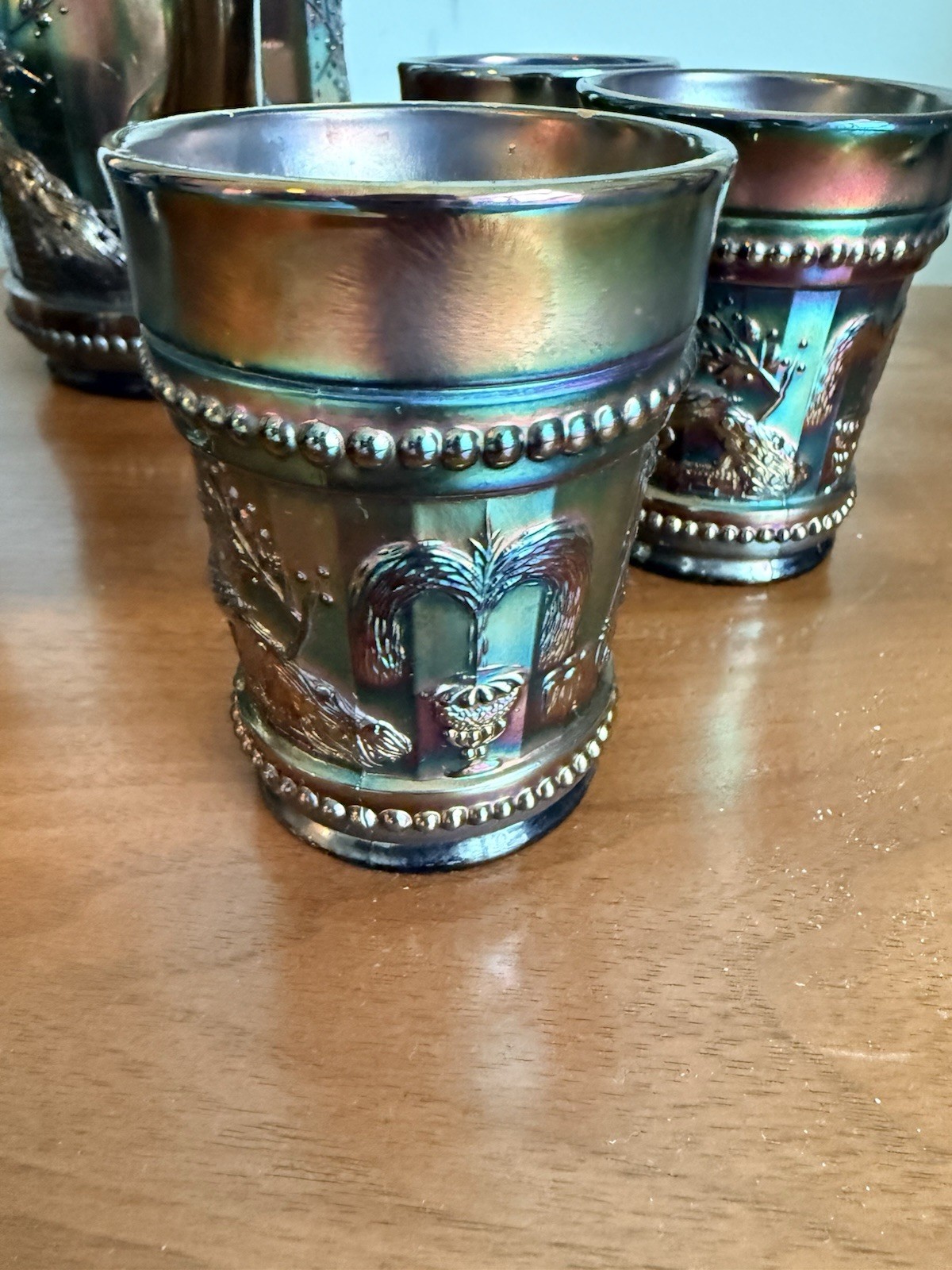 Antique Northwood Carnival Glass Peacock At The Fountain Pitcher & Tumblers Set