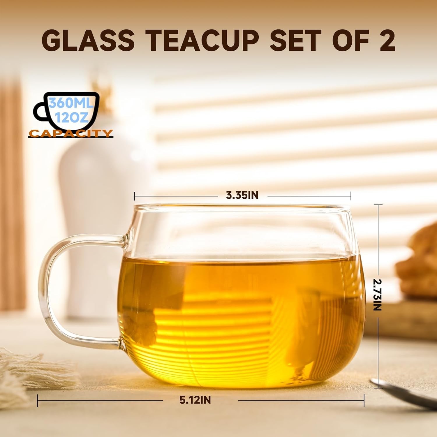 Glass Tea Cups Set of 2, Clear Borosilicate Glass Teacups with Handle for Tea…