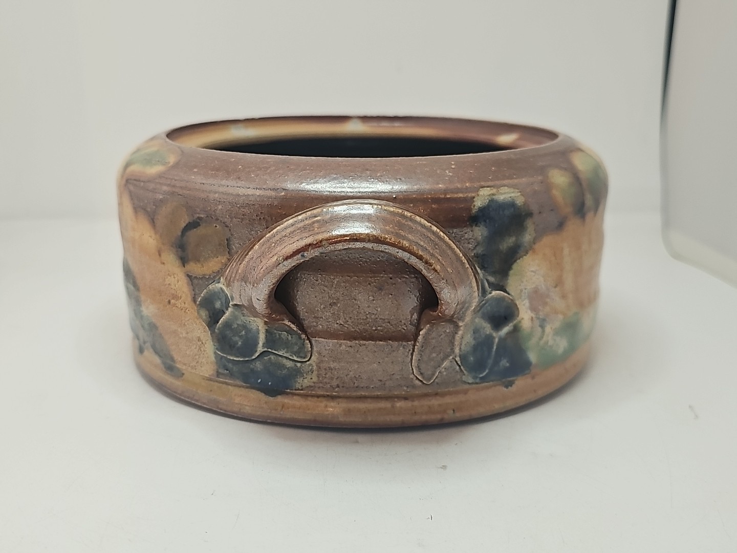 Hand Thrown Art Pottery Stoneware Casserole No Lid Brown Glaze Flowers Signed
