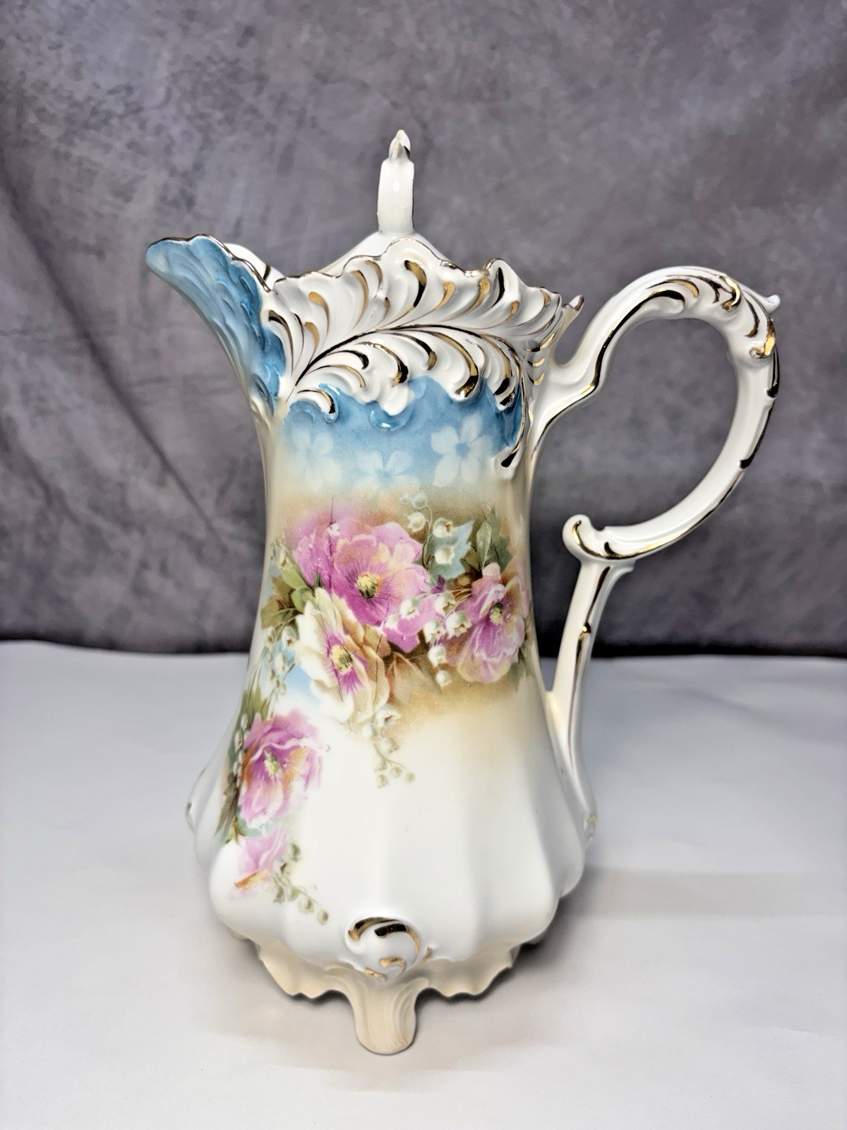 Antique R.S. Prussia Chocolate Pot with Lid Blue with Flowers FB-65