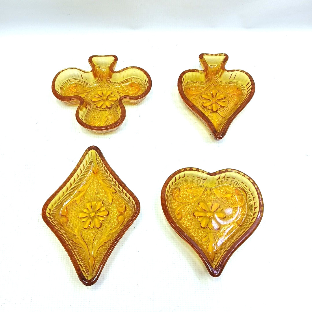 Vtg Set 4 Indiana Glass Tiara Clover Diamond Hearts Spade Card Set Trinket Dish