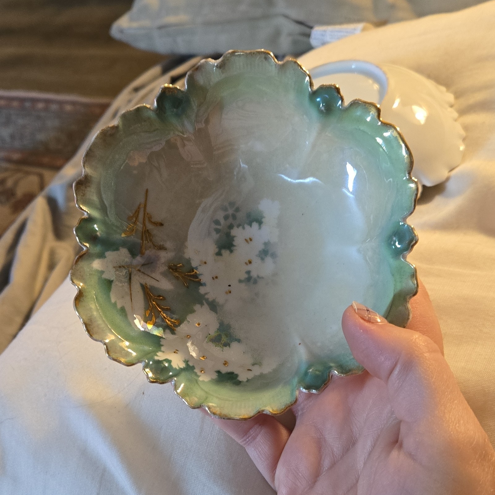 RS Prussia Hand Painted Floral Porcelain Bowls, Scalloped Green White Gold