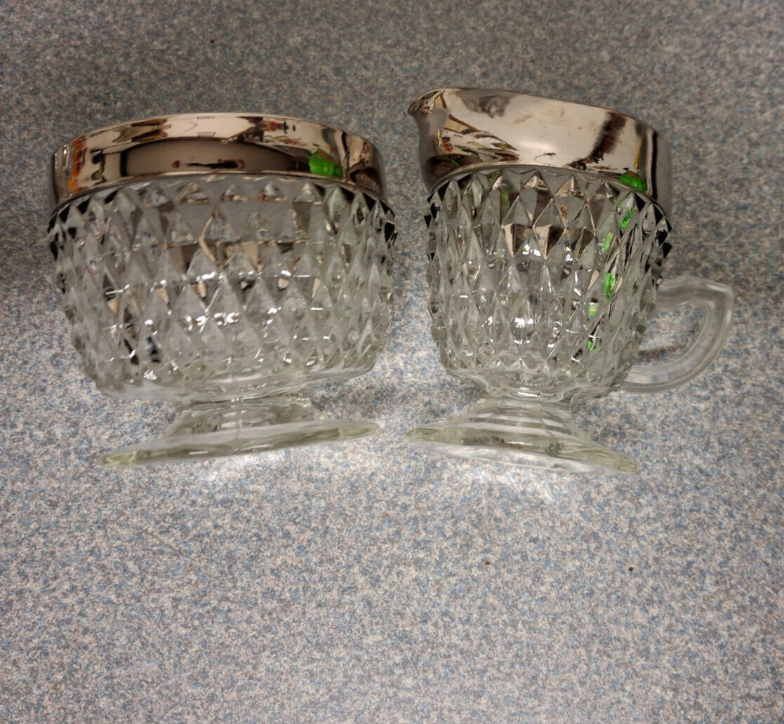 Indiana DIAMOND POINT CRYSTAL w/ Silver FLASH FOOTED CREAMER & SUGAR w/ TRAY