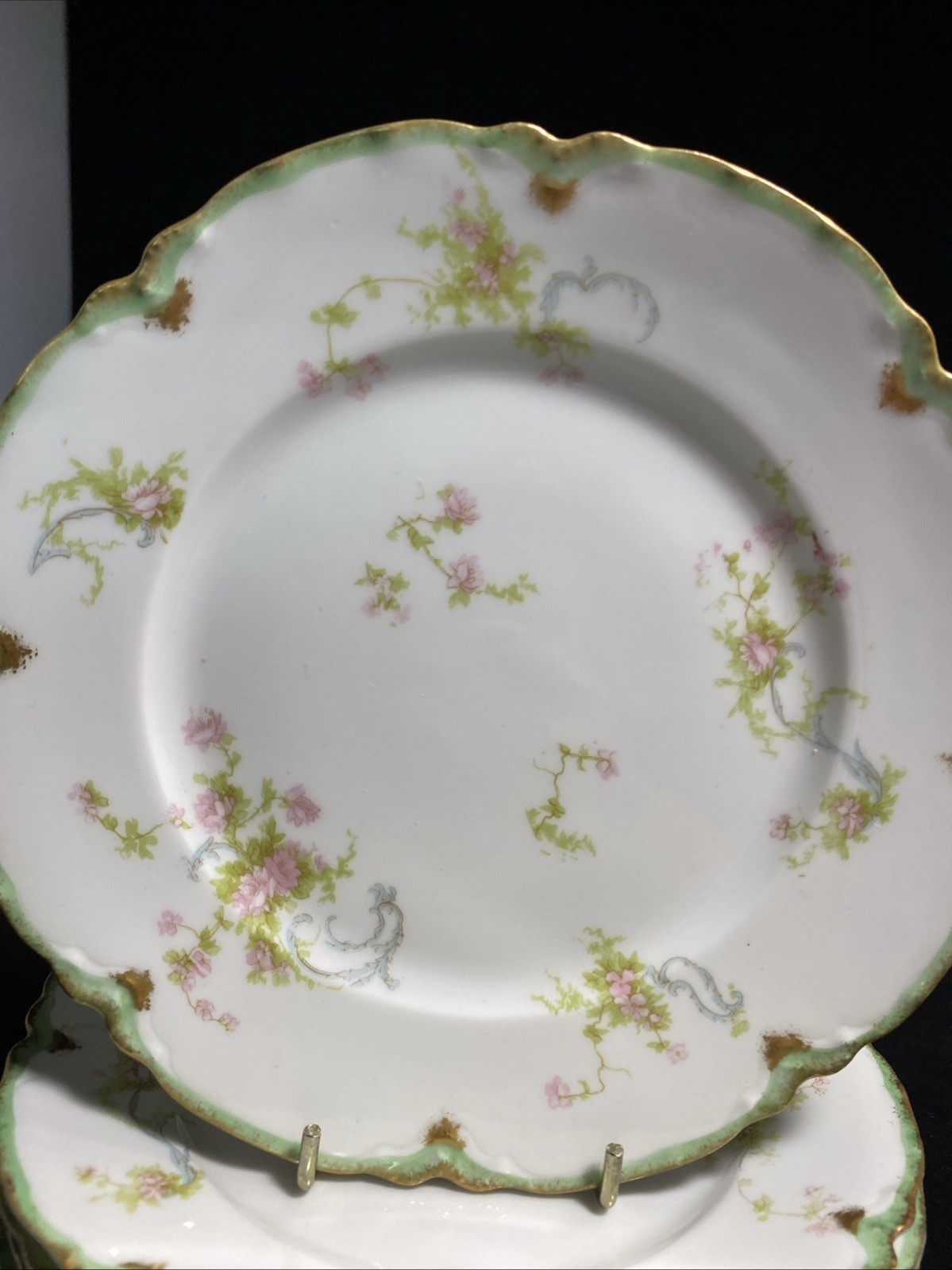 Haviland Schleiger 57H 6 Bread Plates 6 1/8″ Limoges Pink Roses Blue Ribbons @2