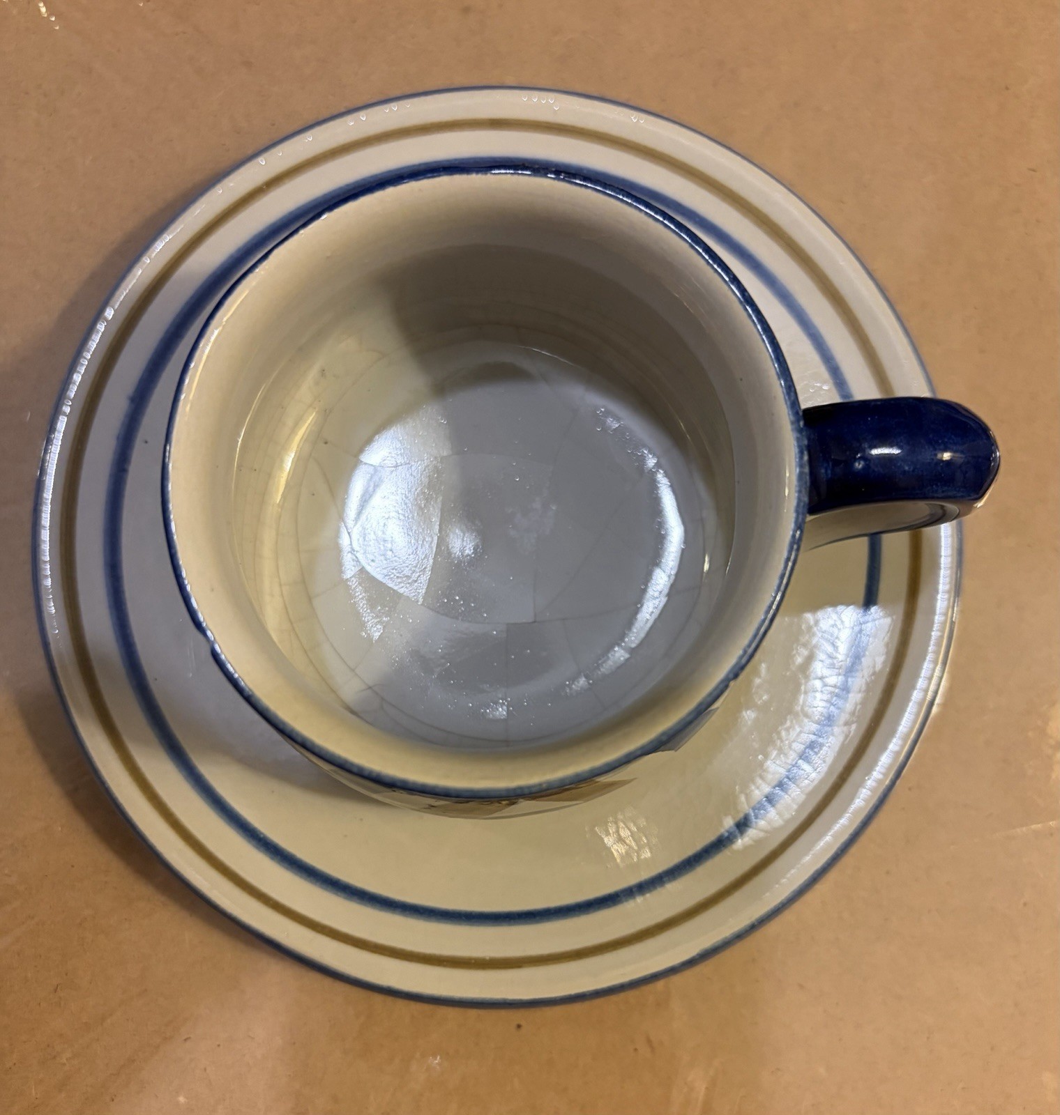 Set of 4 Ulmer Keramik Vintage Stoneware Cup & Saucers Germany Blue Gray Tan