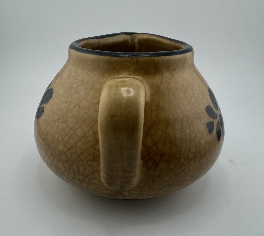 Vintage Pottery Cream Pitcher Brown Black Floral Stoneware Creamer 4” Tall