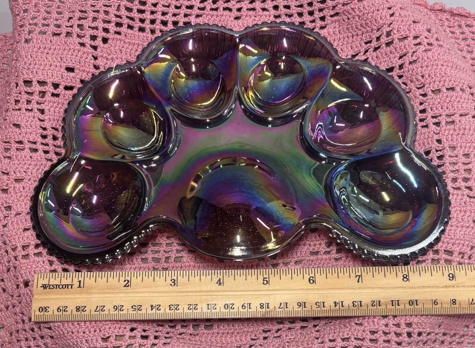 Vintage LE Smith Carnival Deviled Egg Tray | Plate | Tray Amethyst Glass Hobnail