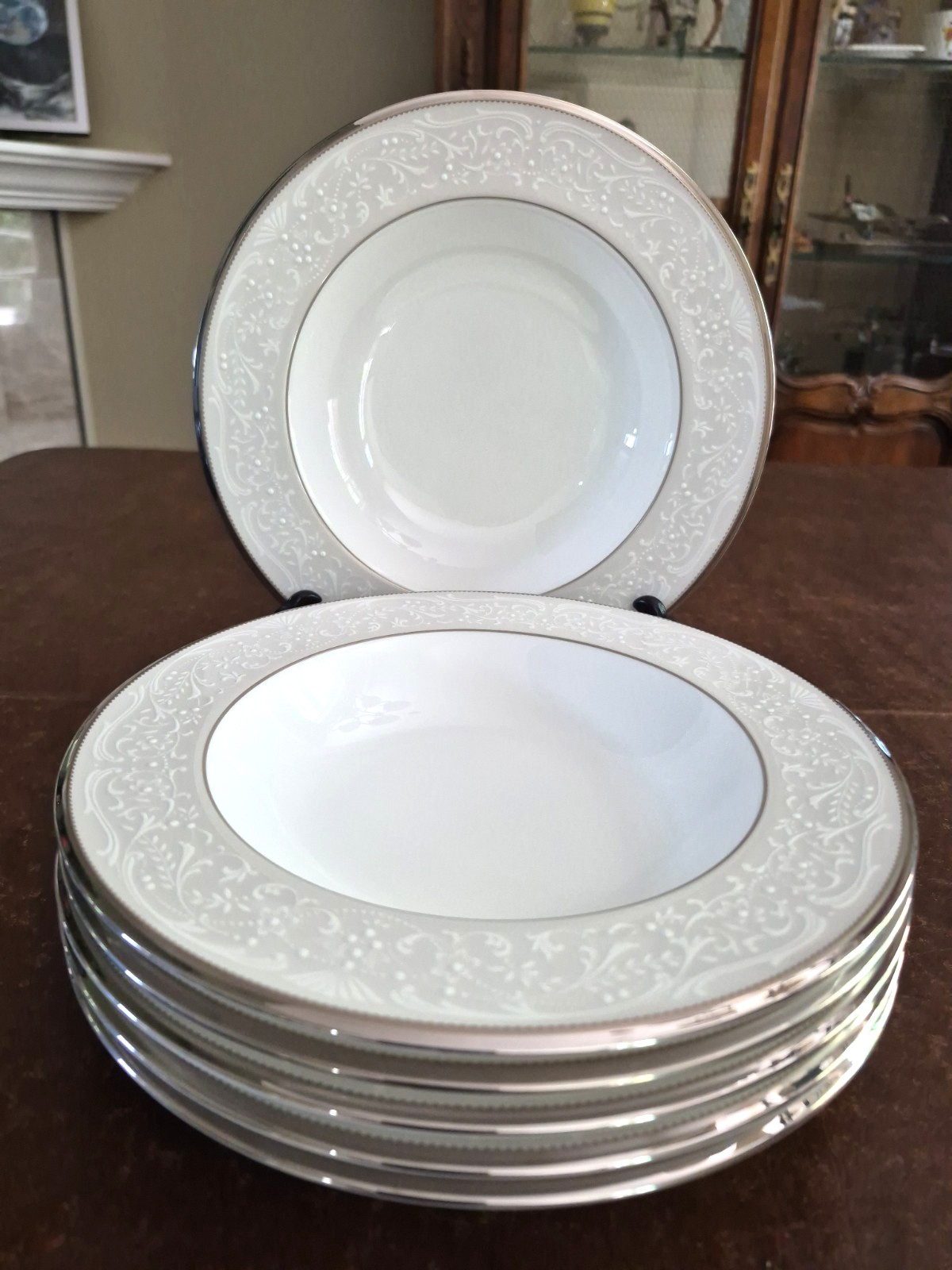 6 Noritake Bone China Silver Palace 8 1/2″ Rimmed Soup Bowls 4773