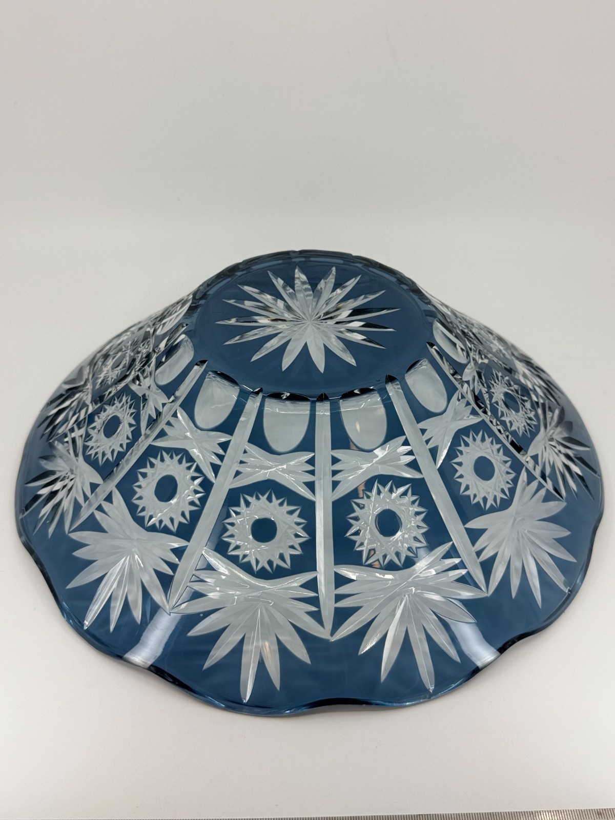 1950s Vintage Bohemian Lead Crystal Glass Cut To Clear Cobalt Blue Bowl 13″W