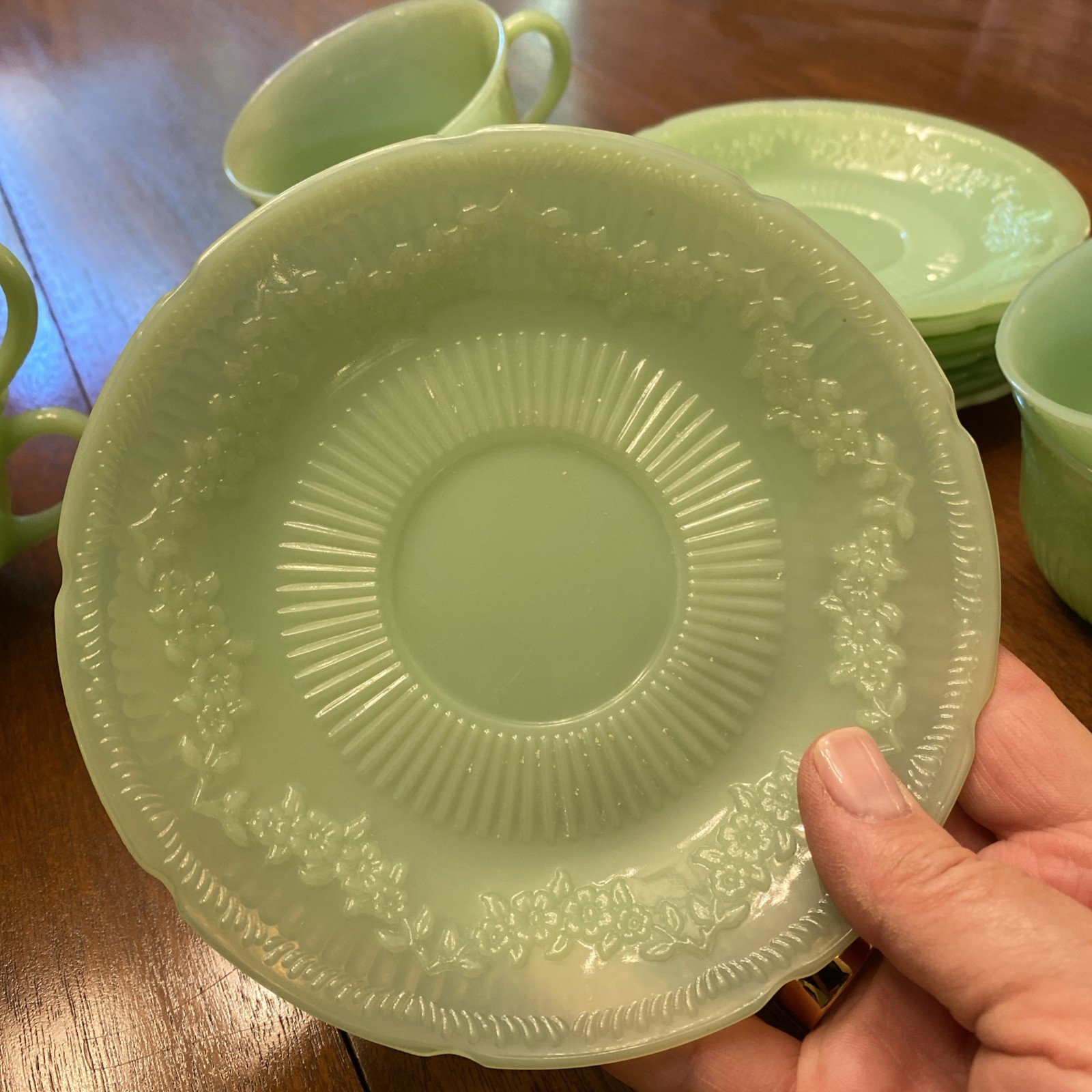 Vintage Fire King Jadeite Alice Cup and Saucer 8 Total Available