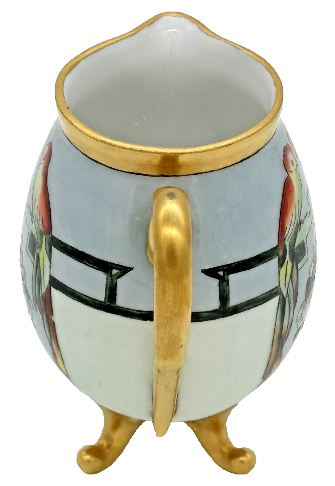 Vintage Bavarian Footed Floral Peacock Pitcher Creamer Gold Trim 4.25″ High