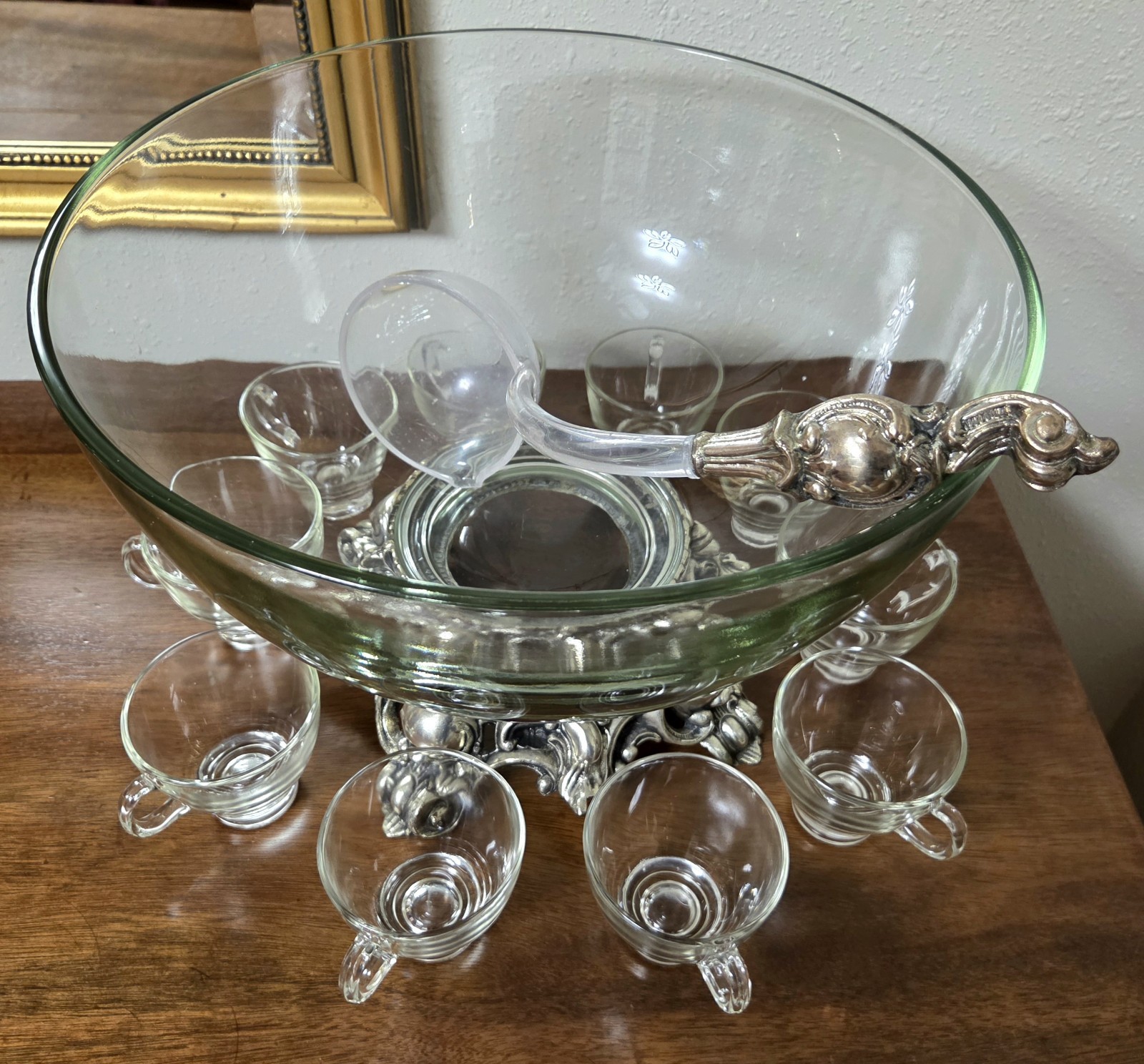 MCM Pitman-Dreitzer Crystal Punch Bowl Set 10 Cups Ornate Metal Stand Ladle Rare