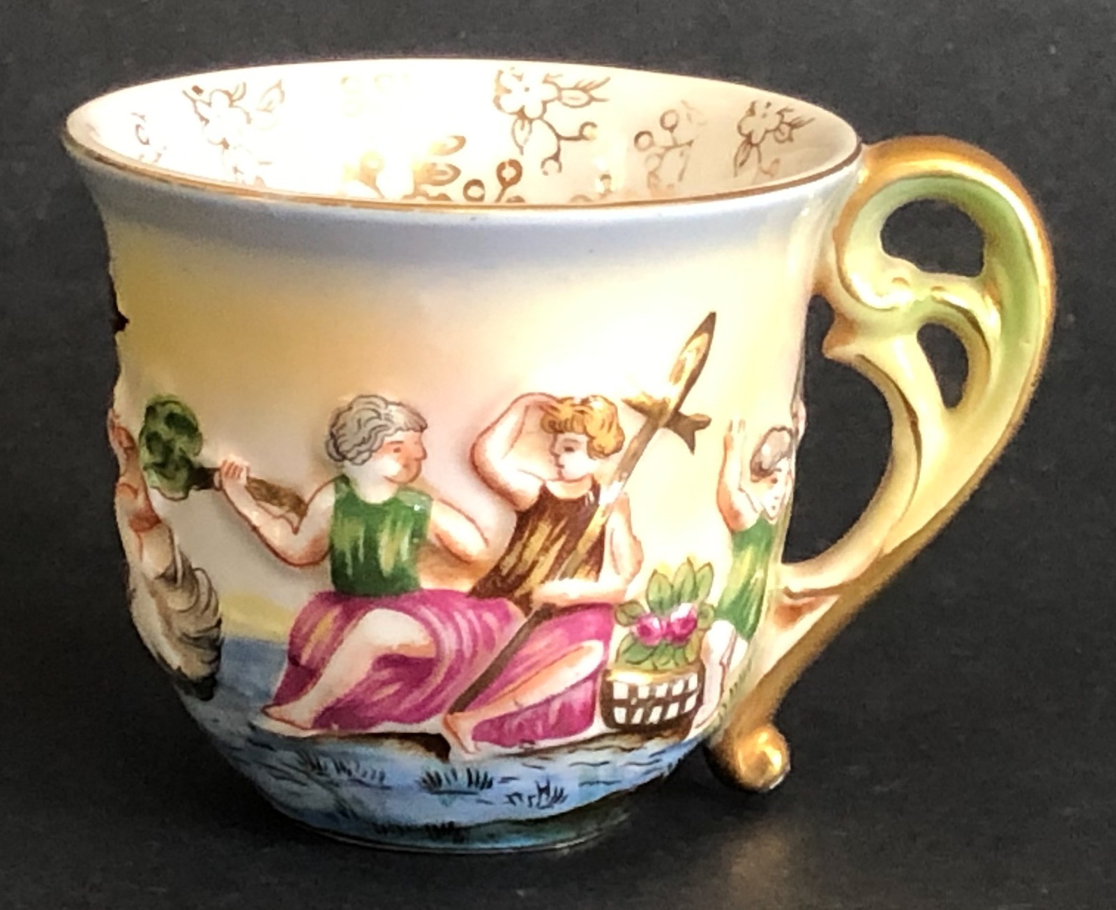 Vtg SGK Demitasse Cup Made in Occupied Japan Embossed Cherub Mermaid Instruments